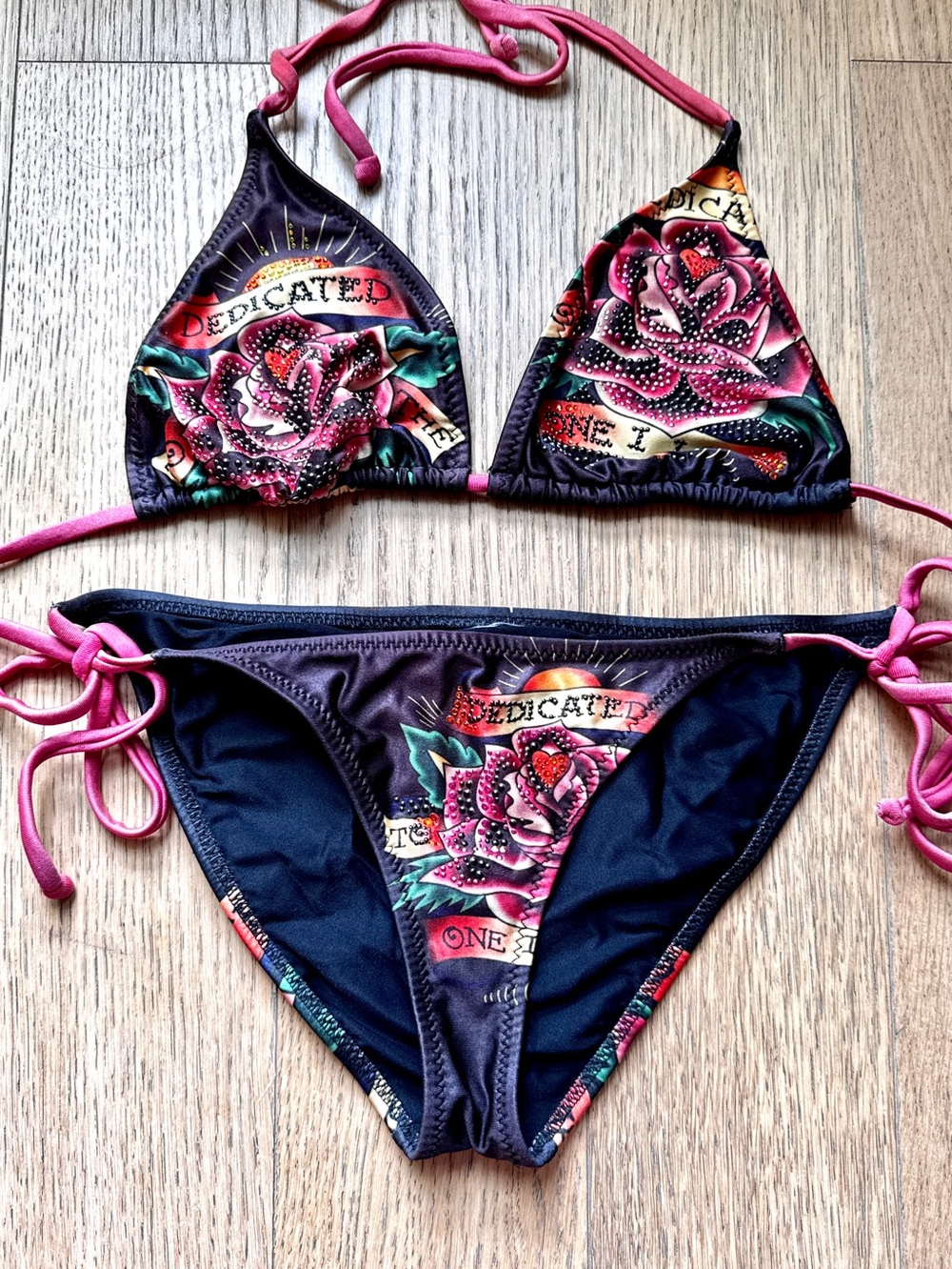 Ed Hardy Brown Tattoo Print Rhinestone Bikini Set - Size M